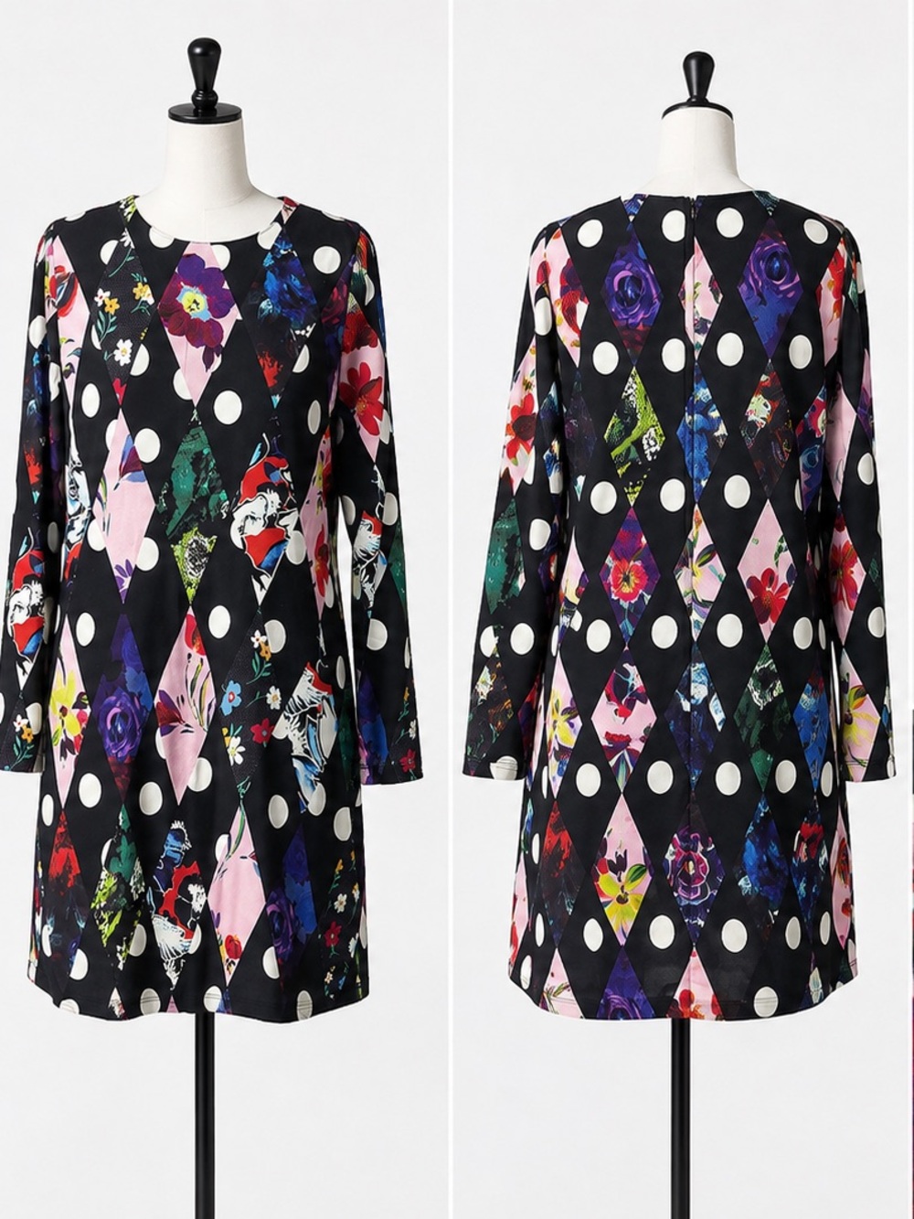 Desigual Black Multicolor Floral Diamond Polka Dot Shift Jacket
